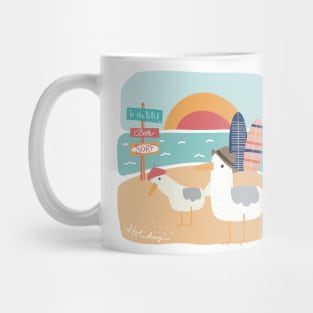 The two Seagulls at the beach celebrating summer holiday by the Sea, holiday memory on dark background Mug